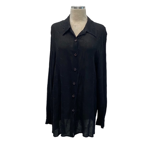 Carole Little Vintage Black Mesh Lace Floral Embroidered Button Down - Picture 3 of 14